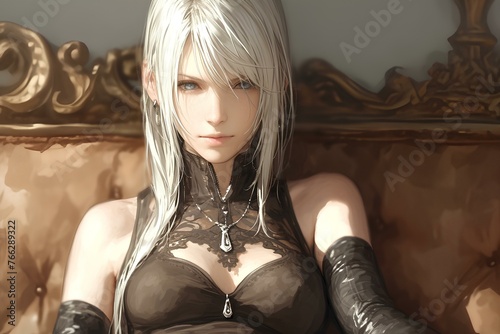 A mysterious young woman with long, gray hair sitting on an antique sofa. 2D art, anime aesthetic artwork, digital art style, illustration painting. generative AI