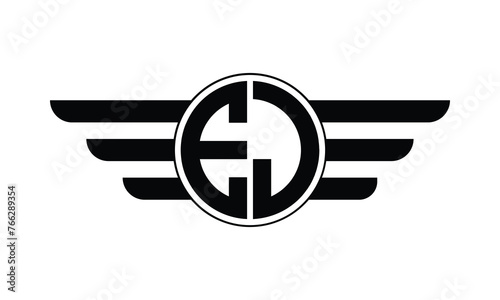 EJ initial letter circle wings icon gaming logo design vector template. batman logo, sports logo, monogram, polygon, war game, symbol, playing logo, abstract, fighting, typography, minimal, wings logo