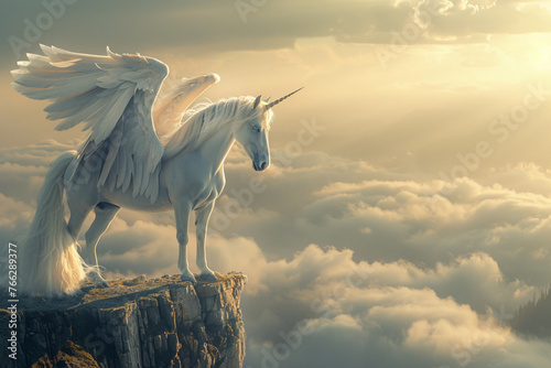 a white unicorn standing on top of a cliff with flying clouds in background ready to take a flight © Izhar