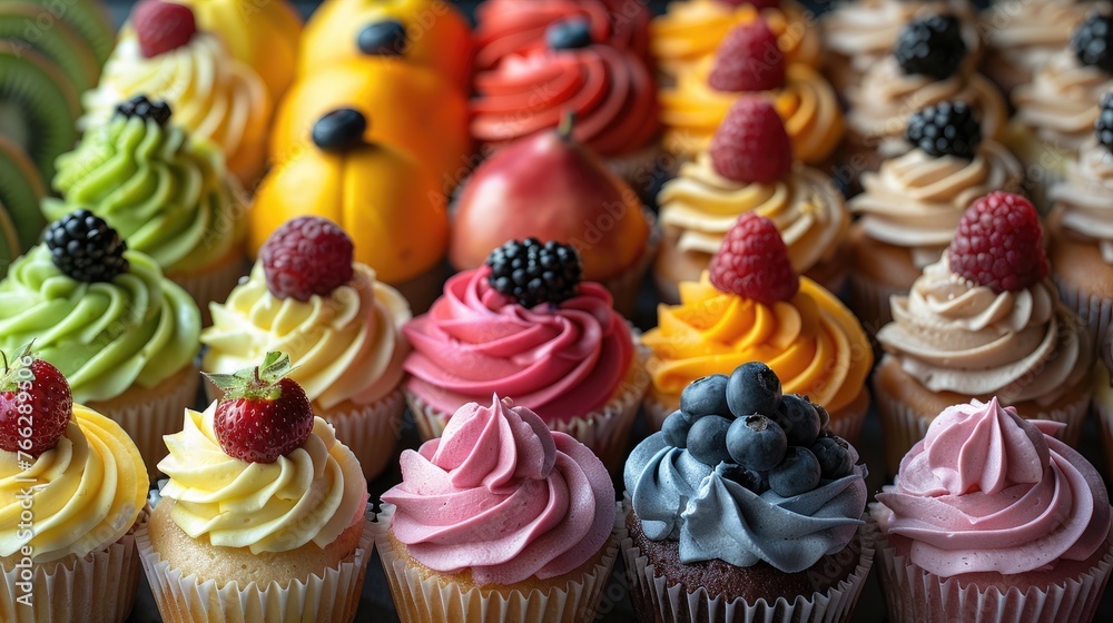 a variety of cupcakes decorated with frosting and fruit on top a variety of cupcakes decorated with frosting and fruit on top