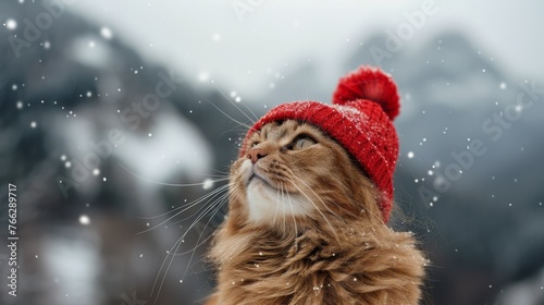 Cat With Red Hat in Snow