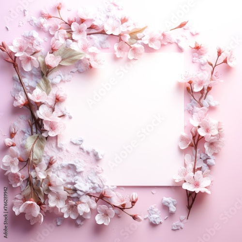 Pink Paper Surrounded by Pink Flowers on a Pink Background. Generative AI.