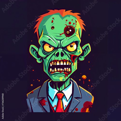 This colorful, cartoonish zombie wears a bowtie and a suit. Its green skin contrasts with its red hair and yellow eyes. The expressive face features drooling and a heart-shaped mouth. 