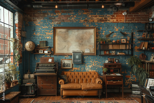 A living room filled with furniture against a brick wall vintage