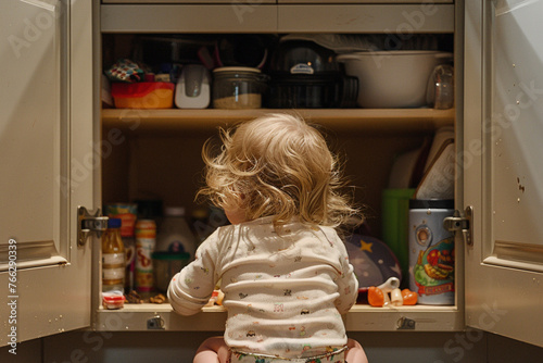 Rear view of toddler making mess in kitchen cabinet
