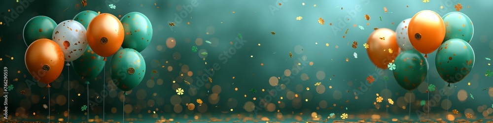 Fototapeta premium St. Patrick's Day card with Irish colored balloons on a green background, confetti and clover with gold coins, space for text