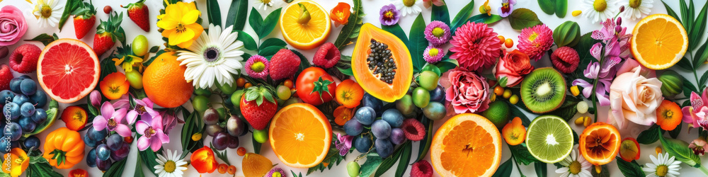Various fruits are arranged neatly on a wall, creating a colorful and eye-catching display Various fruits are arranged neatly on a wall, creating a colorful and eye-catching display