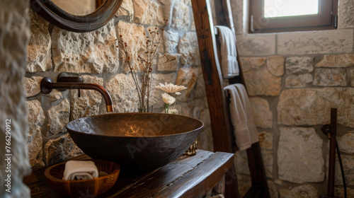 A rustic bathroom with stone walls, a copper vessel sink, and a wooden ladder serving as a towel rack