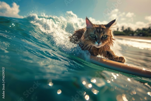 A cute cat having fun a surfboard on the beach in the summer