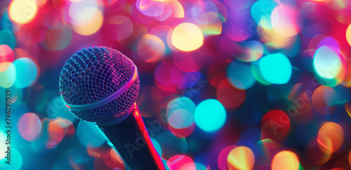 Microphone on stage close-up. Karaoke, night club, bar. Music concert.