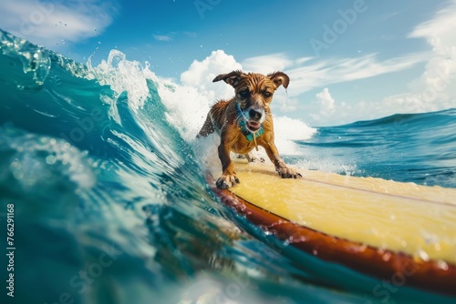 Jack Russell Terrier puppy having fun a surfboard on the beach in the summer  © KP