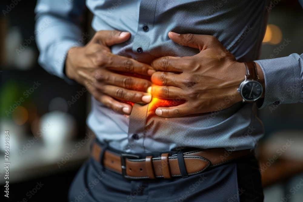 Man suffering from intolerance or food poisoning, stomach ache, abdominal pain, colon problems, gastritis, diarrhea or inflammation. Patient's hand on the belly or abdomen.	
