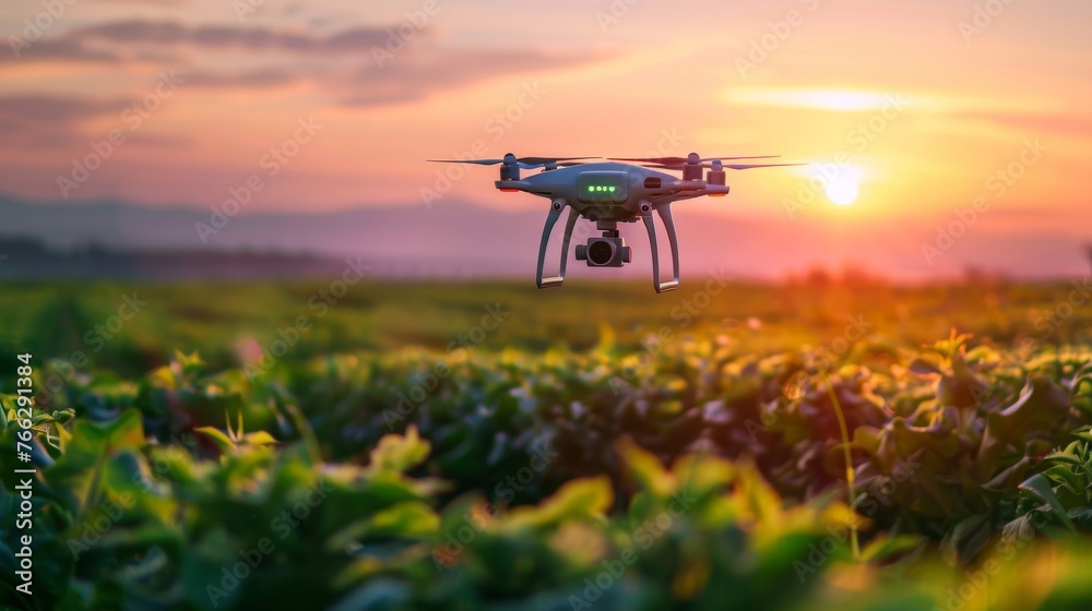 A drone flying over a lush green agricultural field, equipped with various sensors and cameras to be used in precision agriculture. High technology innovations and smart farming. A drone flying over a lush green agricultural field, equipped with various sensors and cameras to be used in precision agriculture. High technology innovations and smart farming.