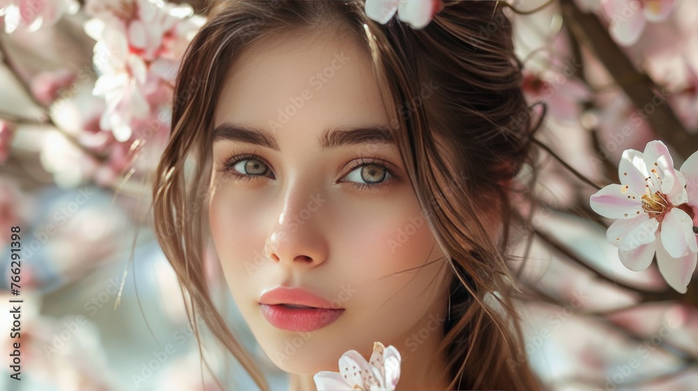 Woman With Blue Eyes and Flower in Hair