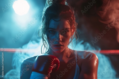 a female model 20s boxer with bandaged hands in a boxing smooth light © KP