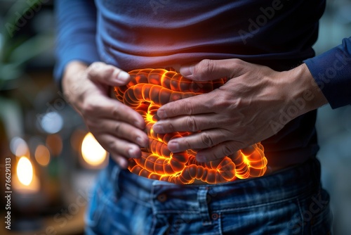 Man suffering from intolerance or food poisoning, stomach ache, abdominal pain, colon problems, gastritis, diarrhea or inflammation. Patient's hand on the belly or abdomen.	
 photo