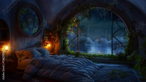 comfortable bedroom with animated rain