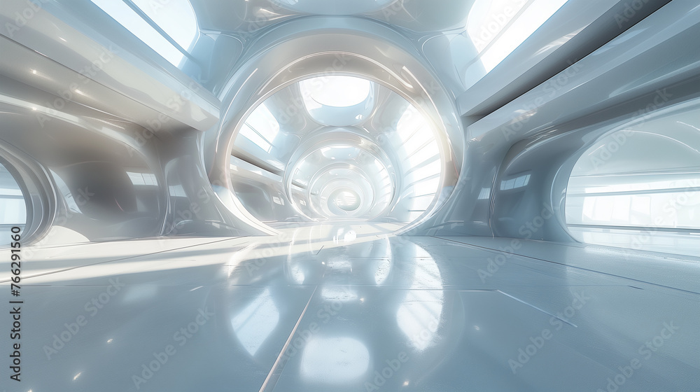 Illustration of a white circular room. Abstract architecture background. Futuristic minimal design. AI generative