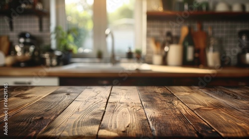 Empty wooden table for product display with a blurred kitchen background. 