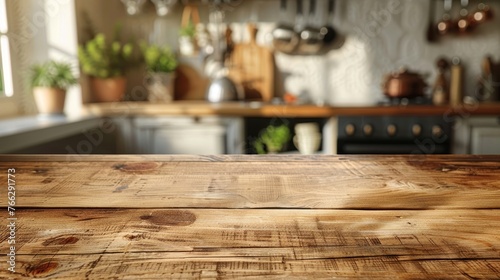 Empty wooden table for product display with a blurred kitchen background. 