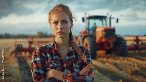 Woman Standing in Field With Tractor in Background