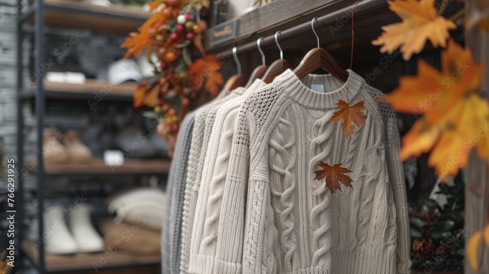 Row of Sweaters Hanging on Store Rack Row of Sweaters Hanging on Store Rack