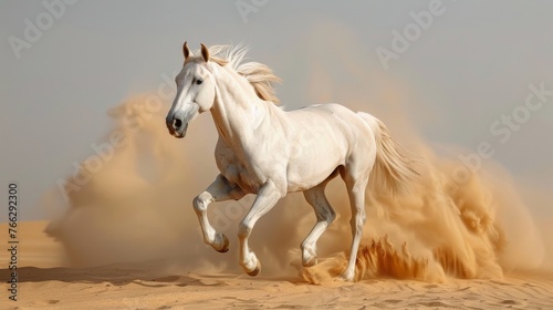 White Horse Galloping in Sand Dunes