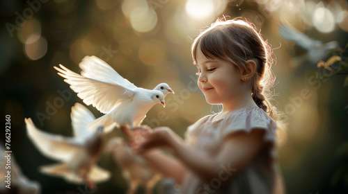 little girl playing with white doves