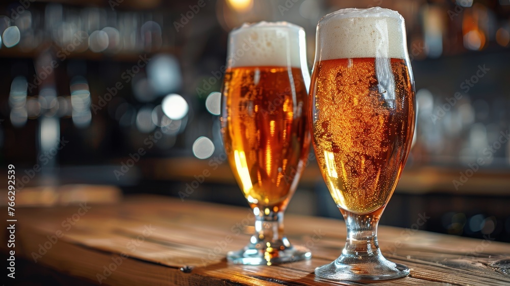 Two Glasses of Beer on Wooden Table Two Glasses of Beer on Wooden Table