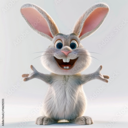 Funny white rabbit character on white background, Easter bunny.