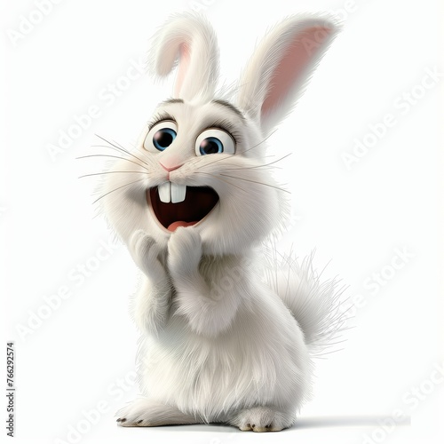 Funny white rabbit character on white background, Easter bunny.