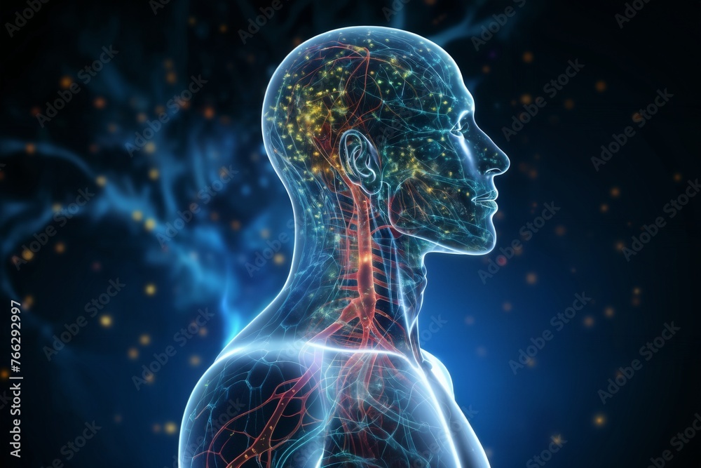 silhouette of human body and head, with neural connections in brain, in form of hologram on background vegetative system, an abstraction of digital art, concept of biotechnology of future silhouette of human body and head, with neural connections in brain, in form of hologram on background vegetative system, an abstraction of digital art, concept of biotechnology of future