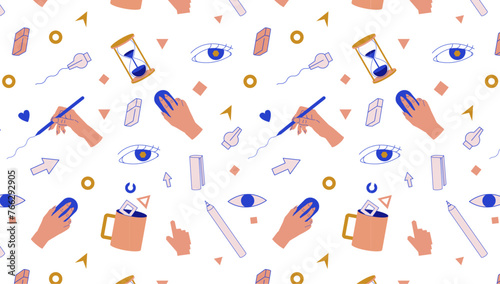 Creative workspace elements. Office and writing elements seamless pattern. Graphic designer equipment wallpaper. 