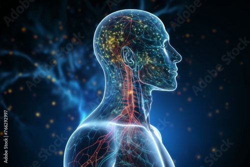 silhouette of human body and head, with neural connections in brain, in form of hologram on background vegetative system, an abstraction of digital art, concept of biotechnology of future