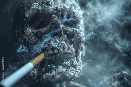 Skull with a cigarette in its teeth, the concept that smoking kills photo