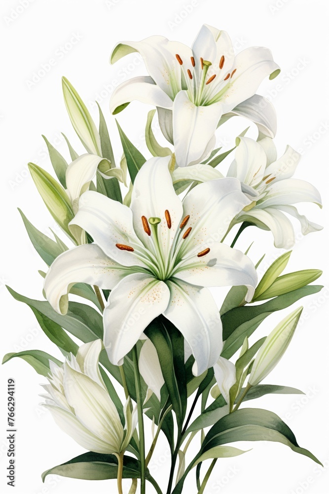 Watercolor lily clipart with elegant white petals and green stems