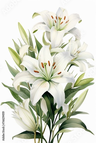 Watercolor lily clipart with elegant white petals and green stems