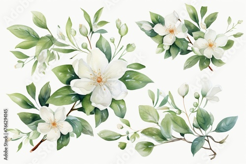 Watercolor rosemary clipart featuring delicate blue flowers and green foliage © sunchai