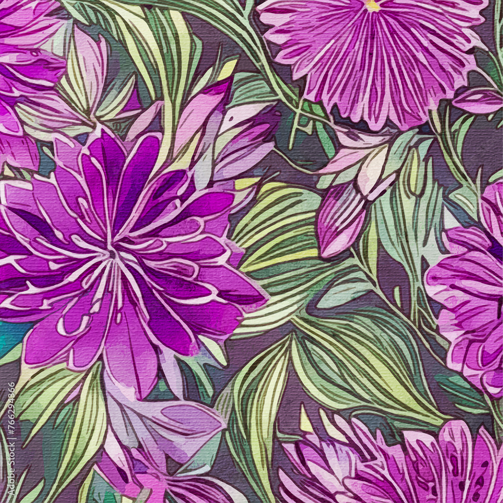 Watercolor painting on canvas. Artistic brush strokes. Botanical illustration for printing on wall decorations. Generated by Ai