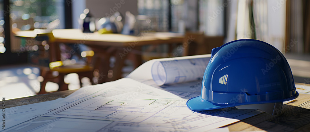 Hard hat and blueprints on a table in a construction site. Stock Photo ...