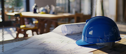 Hard hat and blueprints on a table in a construction site. photo