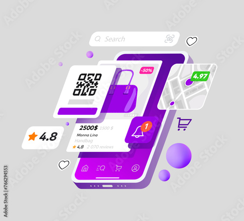 Russian Marketplace is displayed on the Phone. Flying 3d panels of the Interface of Mobile Application. Online Store for the Sale and Purchase of goods. E-commerce concept Vector illustration 