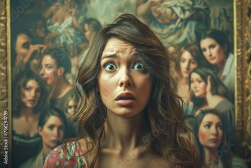 Startled Young Woman with Surprised Expression in Baroque Style Painted Room