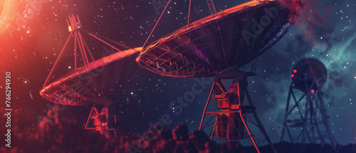 Ethereal glow of starlight illuminates radio telescopes reaching for the beyond. photo
