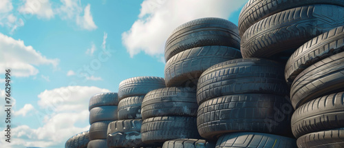 Stacks of tires under a vivid blue sky, symbolizing vast storage or transportation.