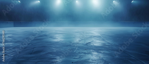 An empty hockey rink with a mystical fog and bright overhead lighting.