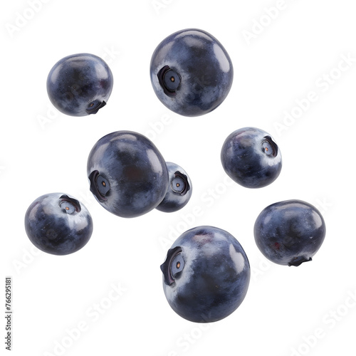 Blueberries flying isolated on transparent background Generative Ai