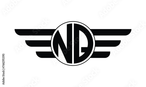 NQ initial letter circle wings icon gaming logo design vector template. batman logo, sports logo, monogram, polygon, war game, symbol, playing logo, abstract, fighting, typography, minimal, wings logo