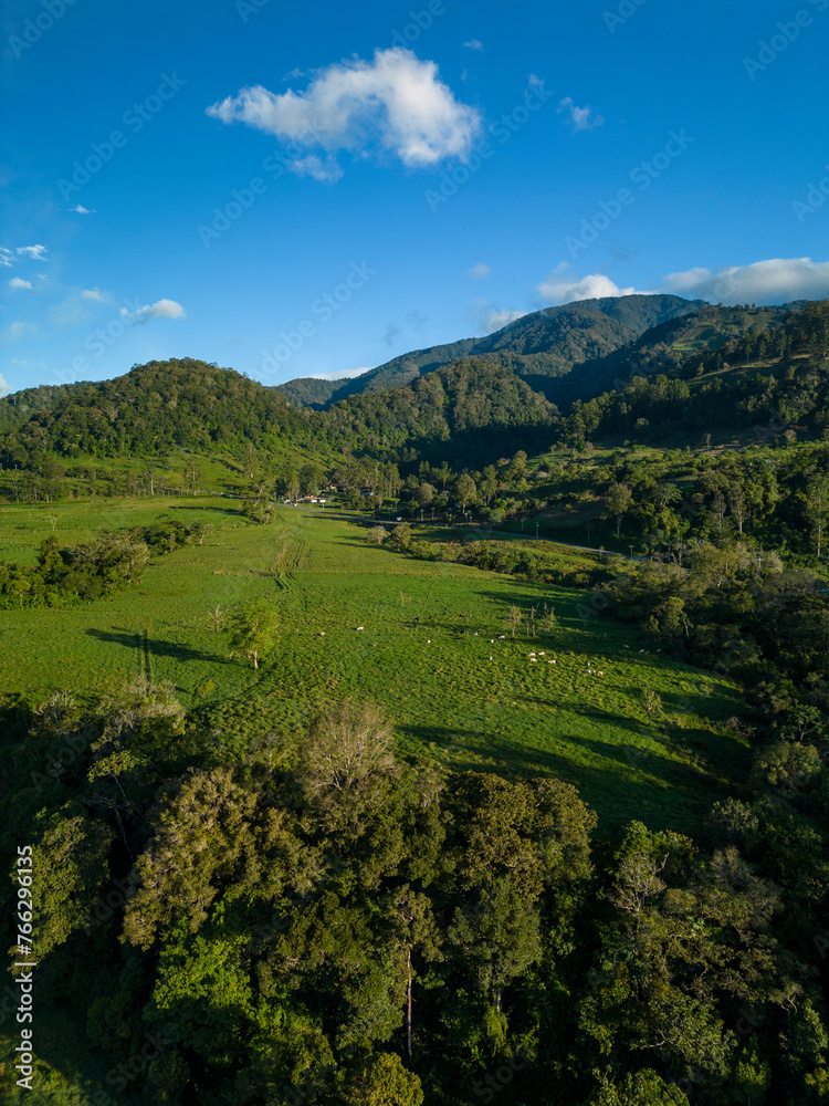 Aerial view of rural landscape farms with green patchwork pasture, Chiriqui, panama - stock photo