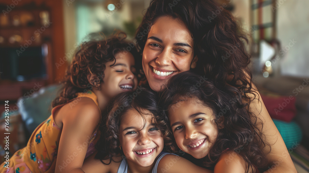 Mother and her three daughter with joy in candid shot. Mother's Day concept Mother and her three daughter with joy in candid shot. Mother's Day concept